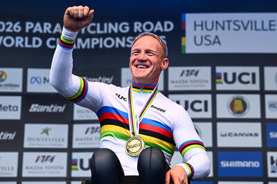Picture by Olly Hassell/SWpix.com - 04/09/2026 - Cycling - 2026 UCI Para-cycling Road World Championships - Huntsville, Alabama, United States of America - Men H3 Individual Time Trial (ITT) podium - Marvin Odent (Belgium) wins the Gold Medal to become World Champion