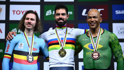 Picture by Olly Hassell/SWpix.com - 29/10/2026 - Cycling - 2026 UCI Para-cycling Track World Championships - Omnisport, Apeldoorn, Netherlands - Men C5 Kilo Time Trial Podium - Alfonso Cabello Llamas (Spain) Gold Medalist and World Champion